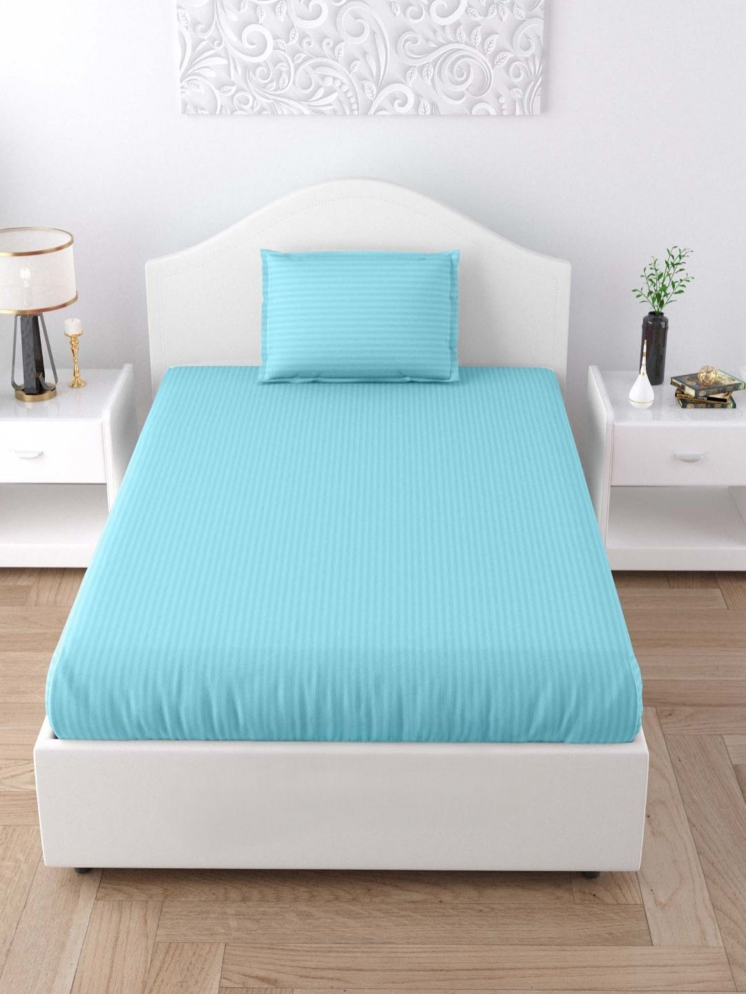 Bedbathandbliss Blue Striped 300 TC Cotton Single Bedsheet Set 1.52m x 2.28m