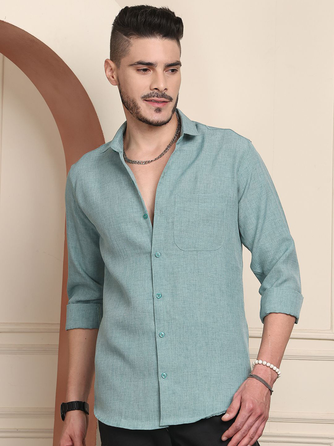 Blezza Spread Collar Roll-Up Sleeves Cotton Shirt