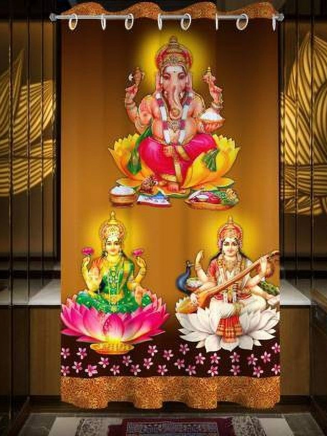 BELLA TRUE Brown & Green Ganesh Ji Laxmi Ji & Saraswati Ji Printed Long Door Curtain