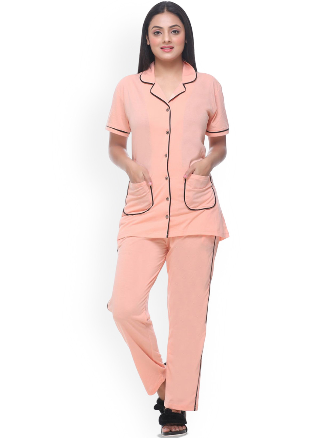 WOOL 4U Women Lapel Collar Short Sleeve Night suit