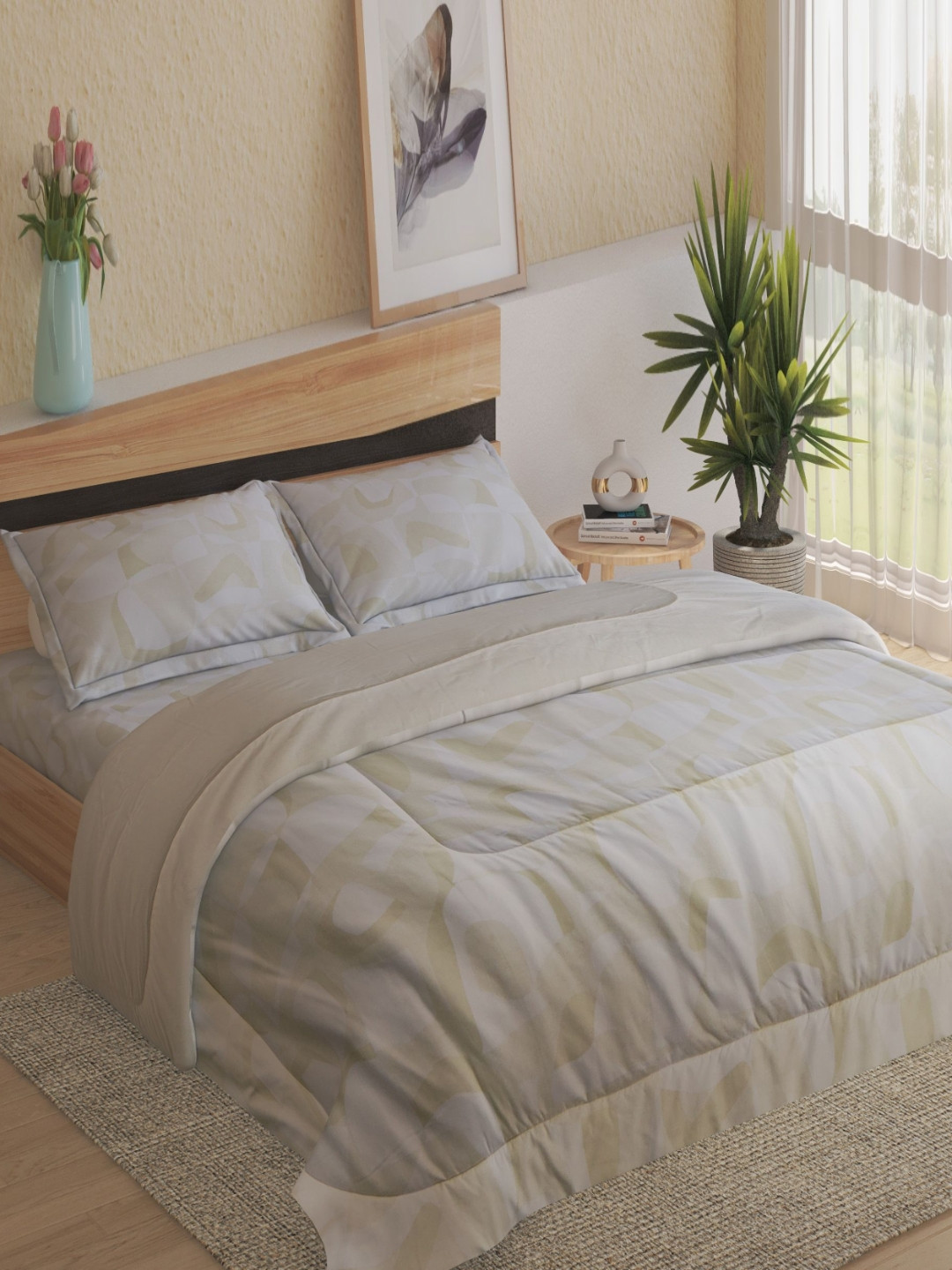 Home Centre Scarlet Off White & Yellow Printed AC Room 144 TC Queen Bedding Set