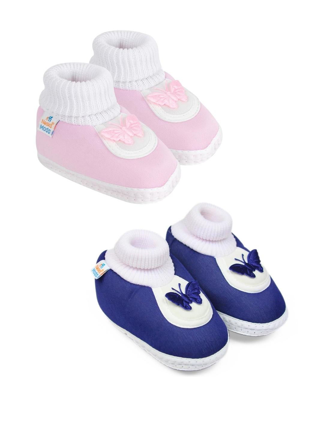 Neska Moda 3 To 12 Months 2 Pair Set Newborn Unisex Baby Skin Friendly Cotton Butterfly Booties (Toe to Heel Length - 12 cm, Baby Pink, Navy)