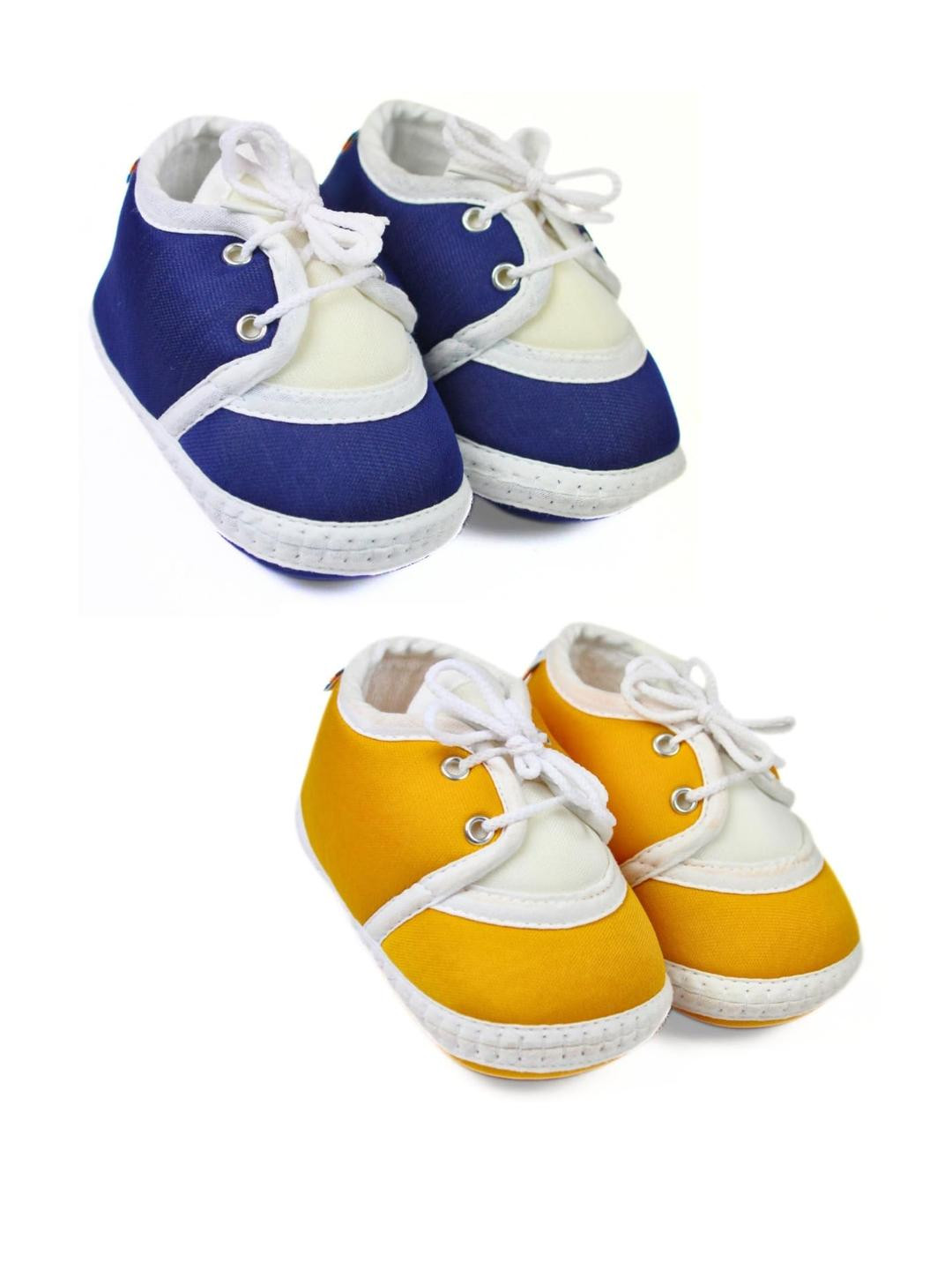Neska Moda Newborn Baby 3 To 12 Month 2 Pair Combo Skin Friendly Soft Cotton Lace Shoes Booties (Toe to Heel Length - 12 cm, Navy, Turmeric)