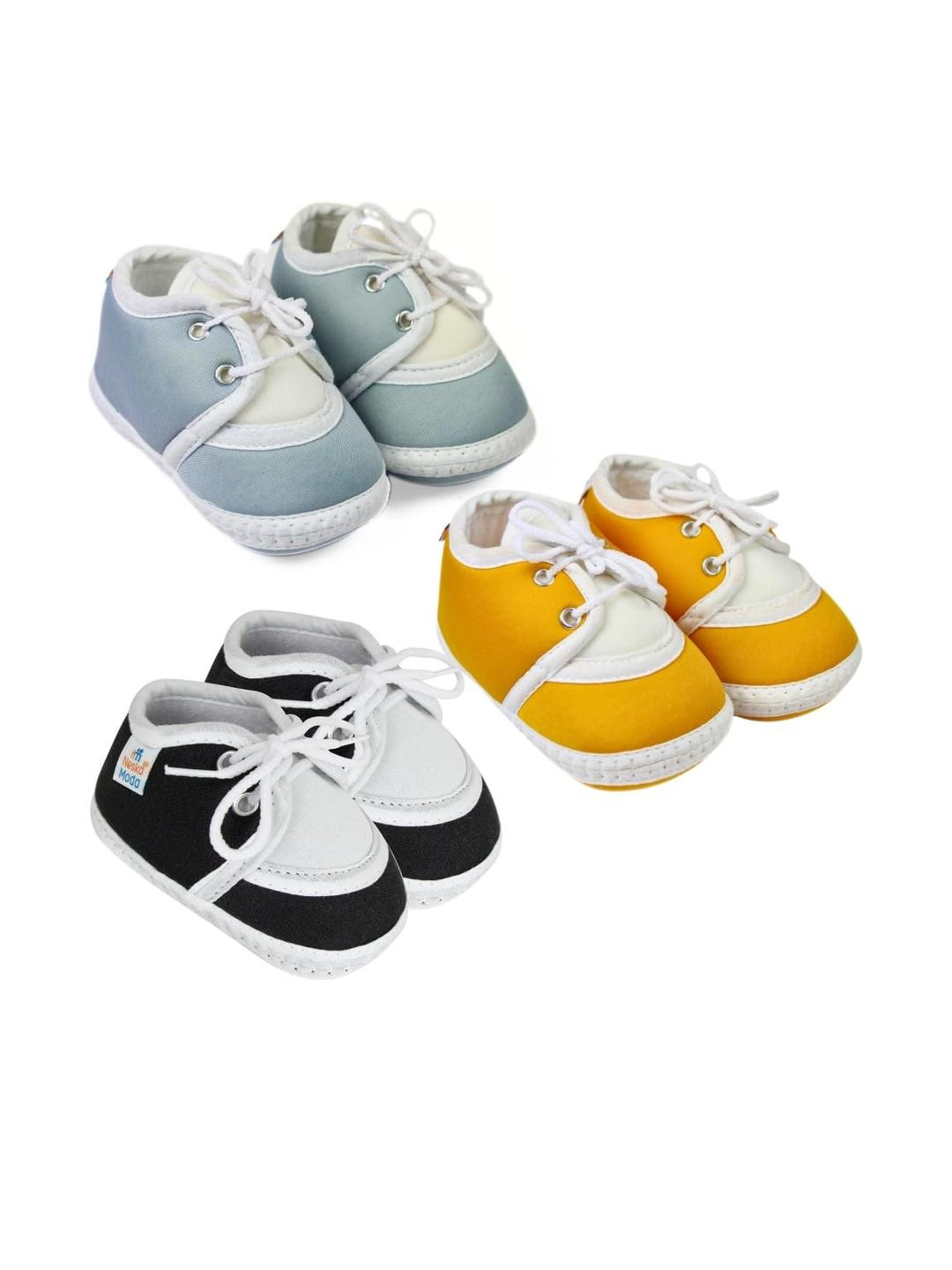 Neska Moda 6 To 12 Month 3 Pair Combo Skin Friendly Soft Cotton Lace Shoes/ Booties (Toe to Heel Length - 12 cm, Black, Grey, Turmeric)