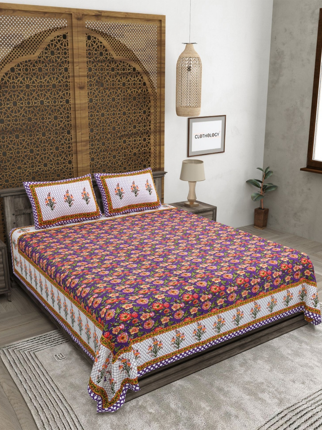 CLOTHOLOGY Royal Violet Floral Jaal The Amber Jaal Edit 180 TC Cotton King Bedsheet with 2 Pillow Cover