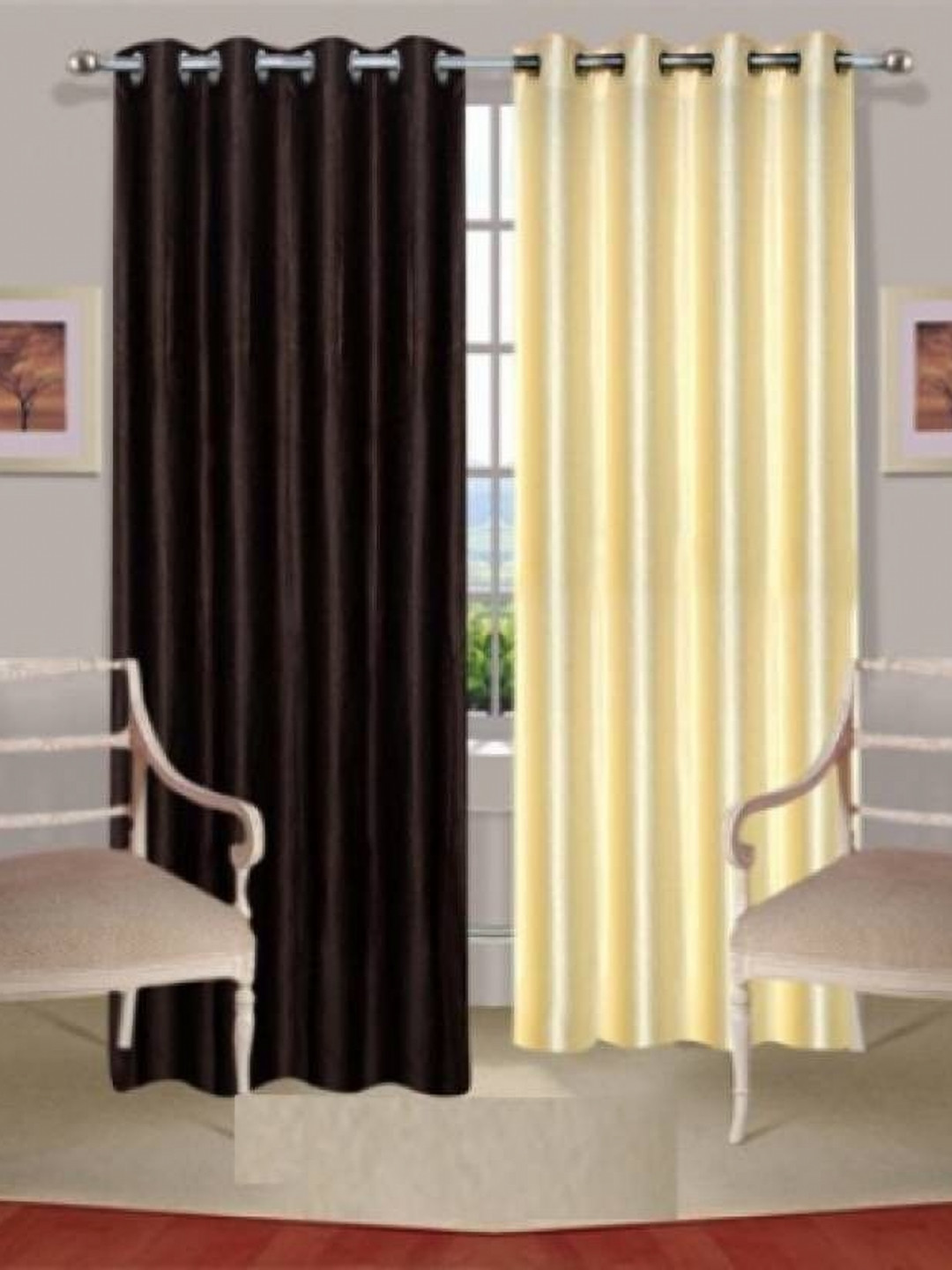 BELLA TRUE Brown and Cream 2 Pieces Black Out Door Curtains