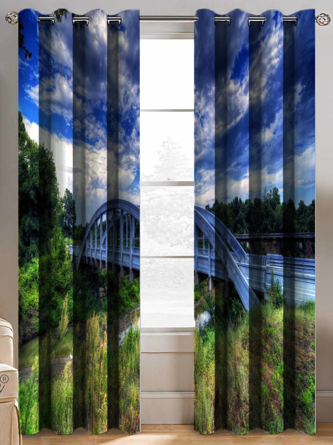 BELLA TRUE Blue & White 2 Pieces Abstract Printed Ripple Fold Window Curtains