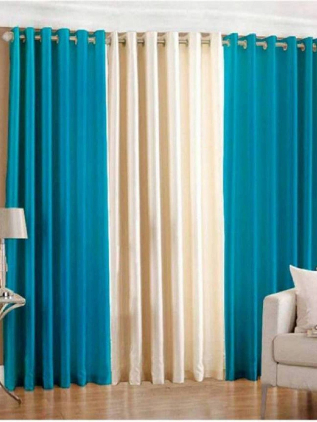 BELLA TRUE Cream And Blue 3 Pieces Regular Window Curtains