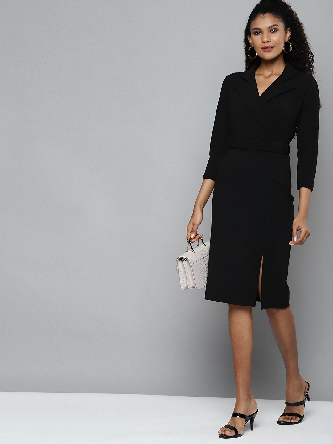 WATAY Solid Lapel Collar Slits Wrap Dress with Belted Details