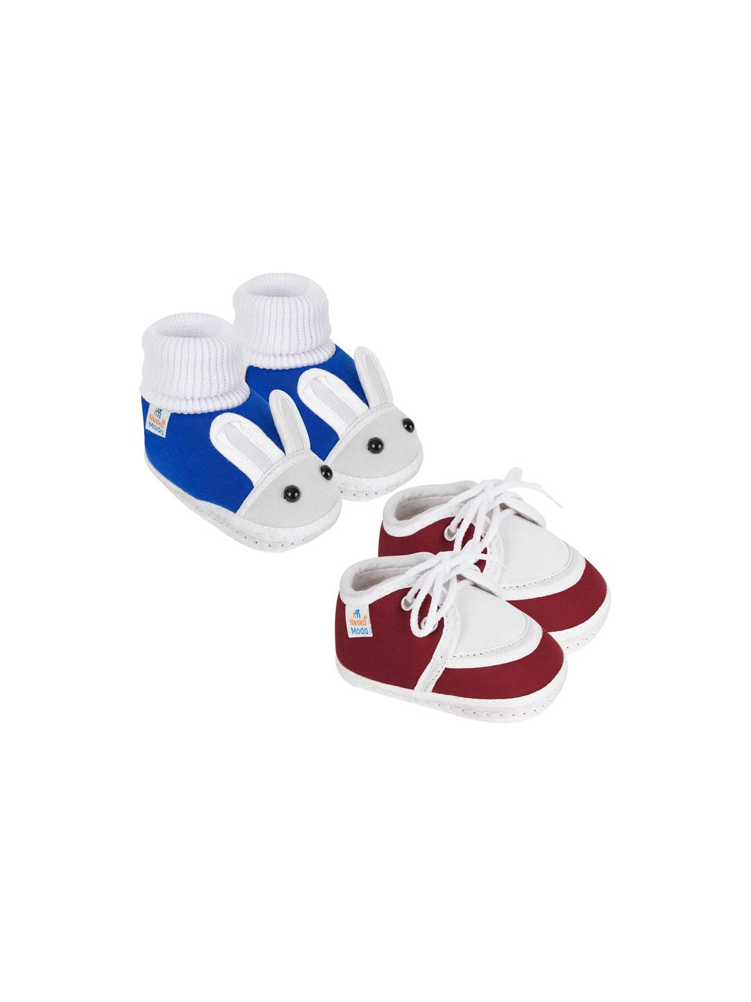 Neska Moda 3 To 12 Months 2 Pair Newborn Unisex Baby Skin Friendly Soft Cotton Lace Shoe Booties (Toe to Heel Length - 12 cm, Maroon, Blue, White)