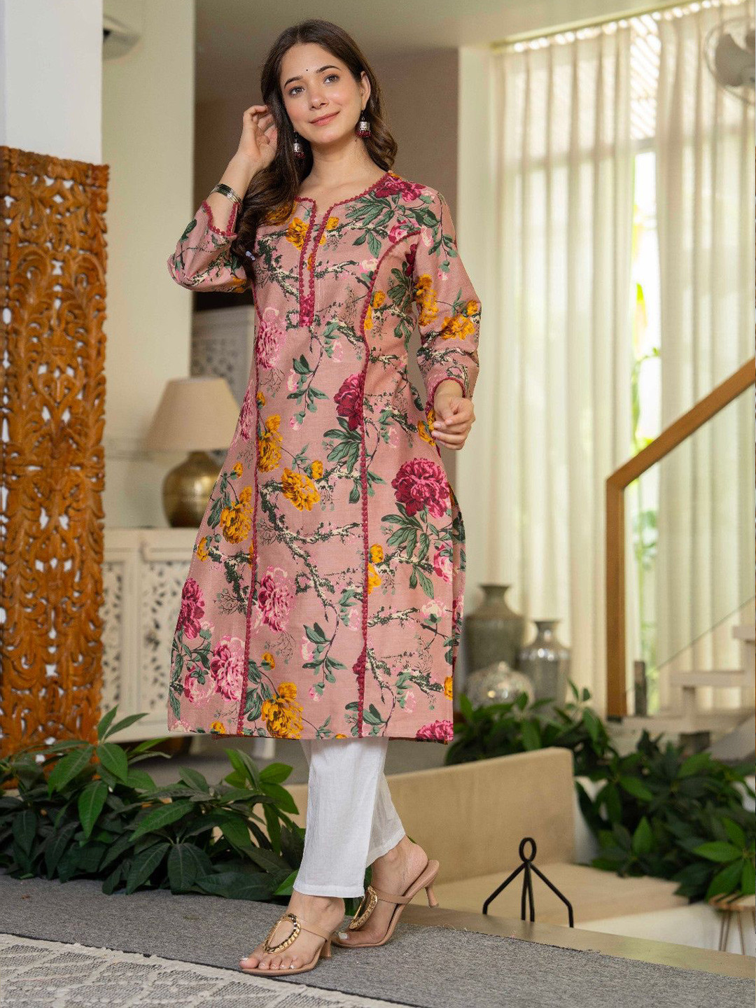 KJFAB Floral Printed Notch Neck A-Line Kurta