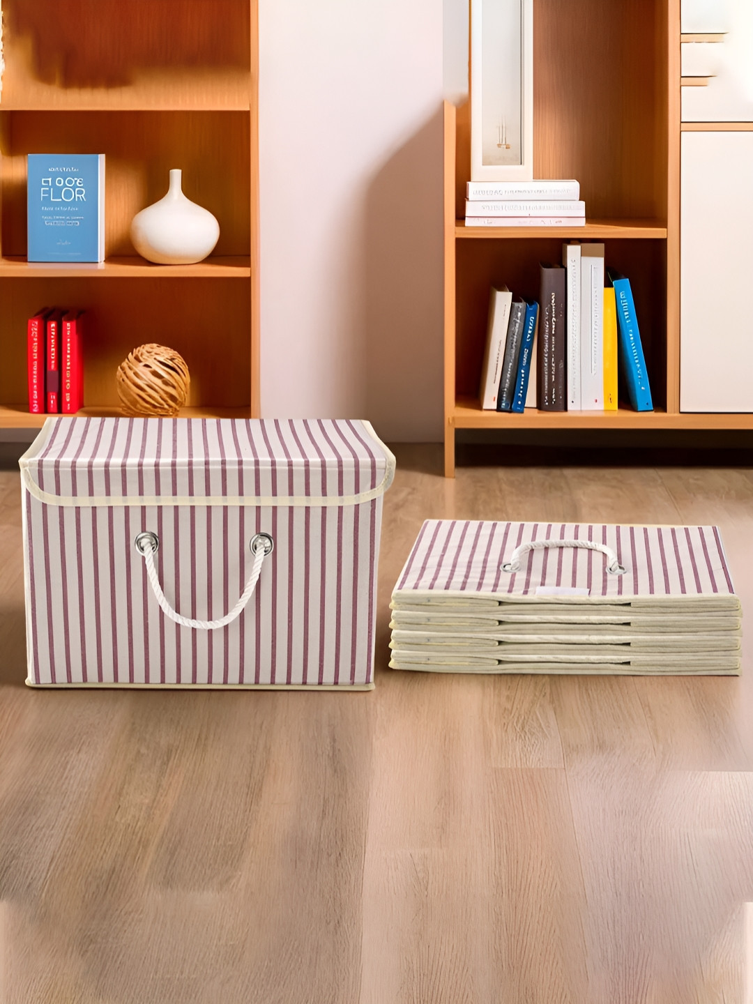 Aura Cream 5 Pieces Printed Large Foldable Cotton Drawer Organizers