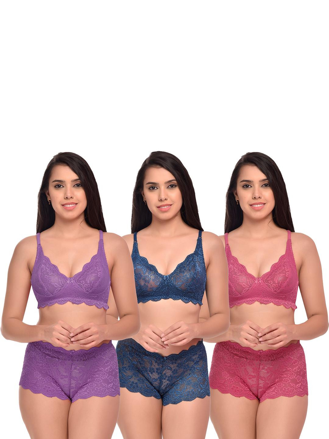 Women Purple,Blue,Pink Net Bra Panty Set for Lingerie Set Undergarments Pack of 3