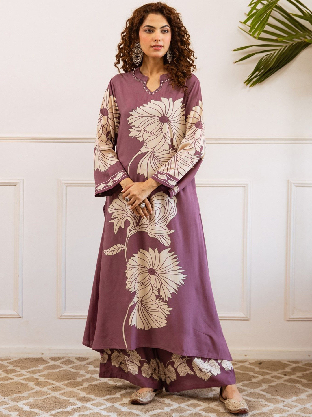 AUTUMN LANE Bakul Twitch Floral Printed Mandarin Collar Pure Cotton Kurta With Palazzo