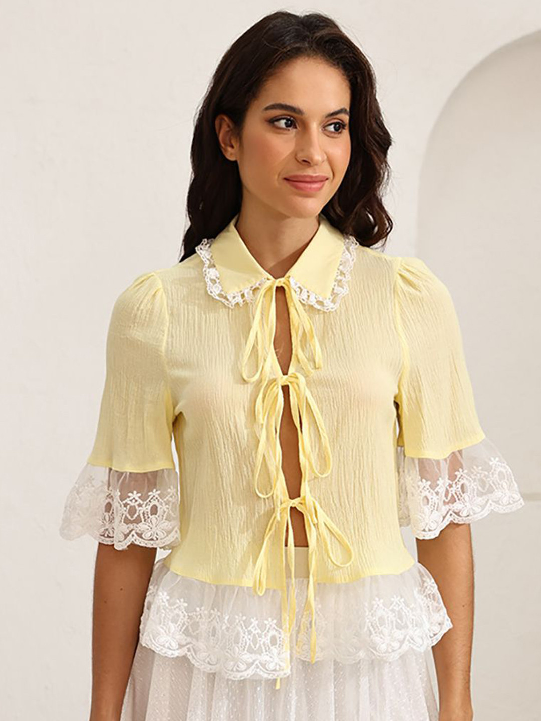 StyleCast Women Yellow Lace-Up Shirt Collar Top
