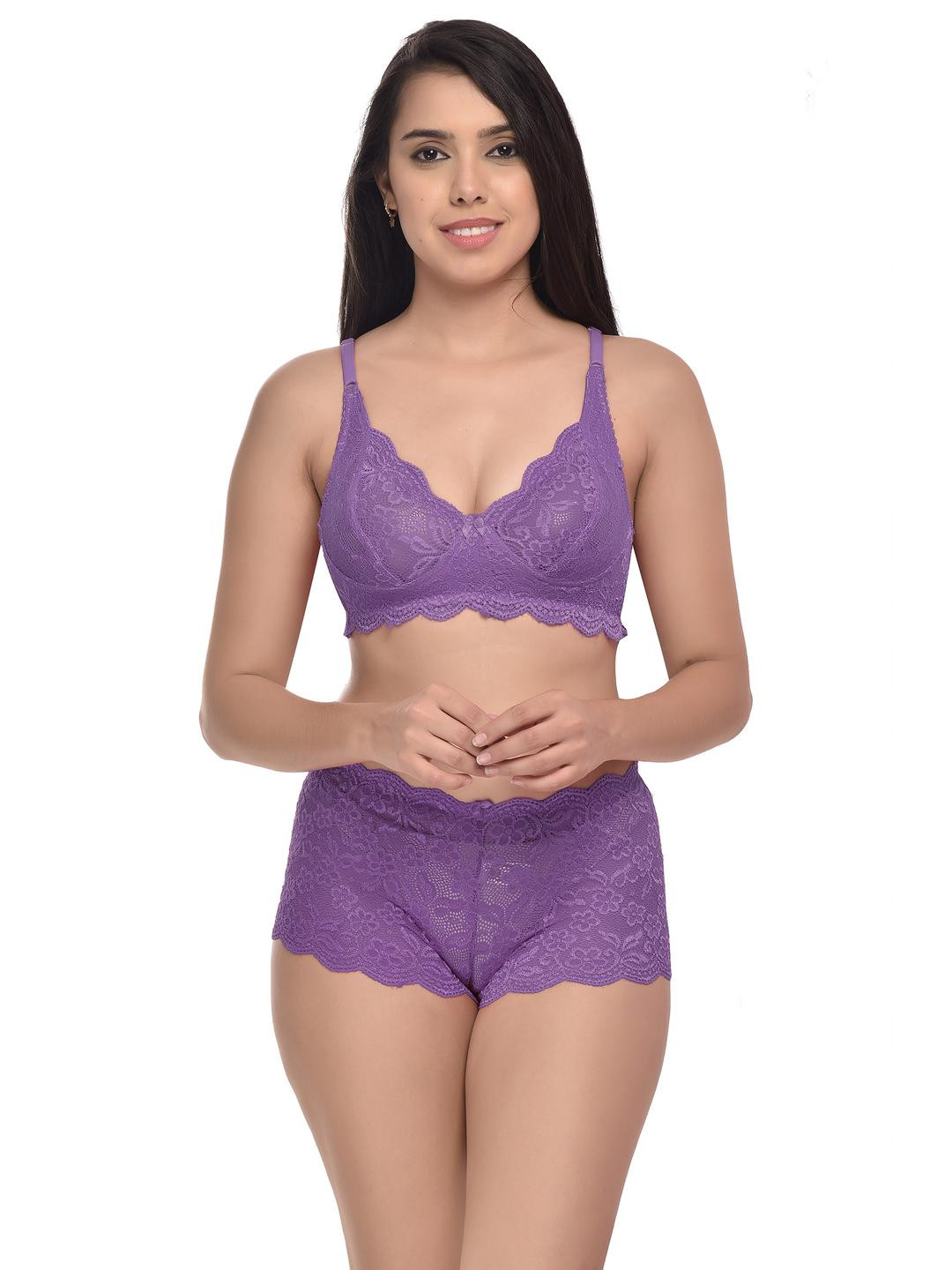 Women Purple Net Bra Panty Set for Lingerie Set Undergarments Pack of 1