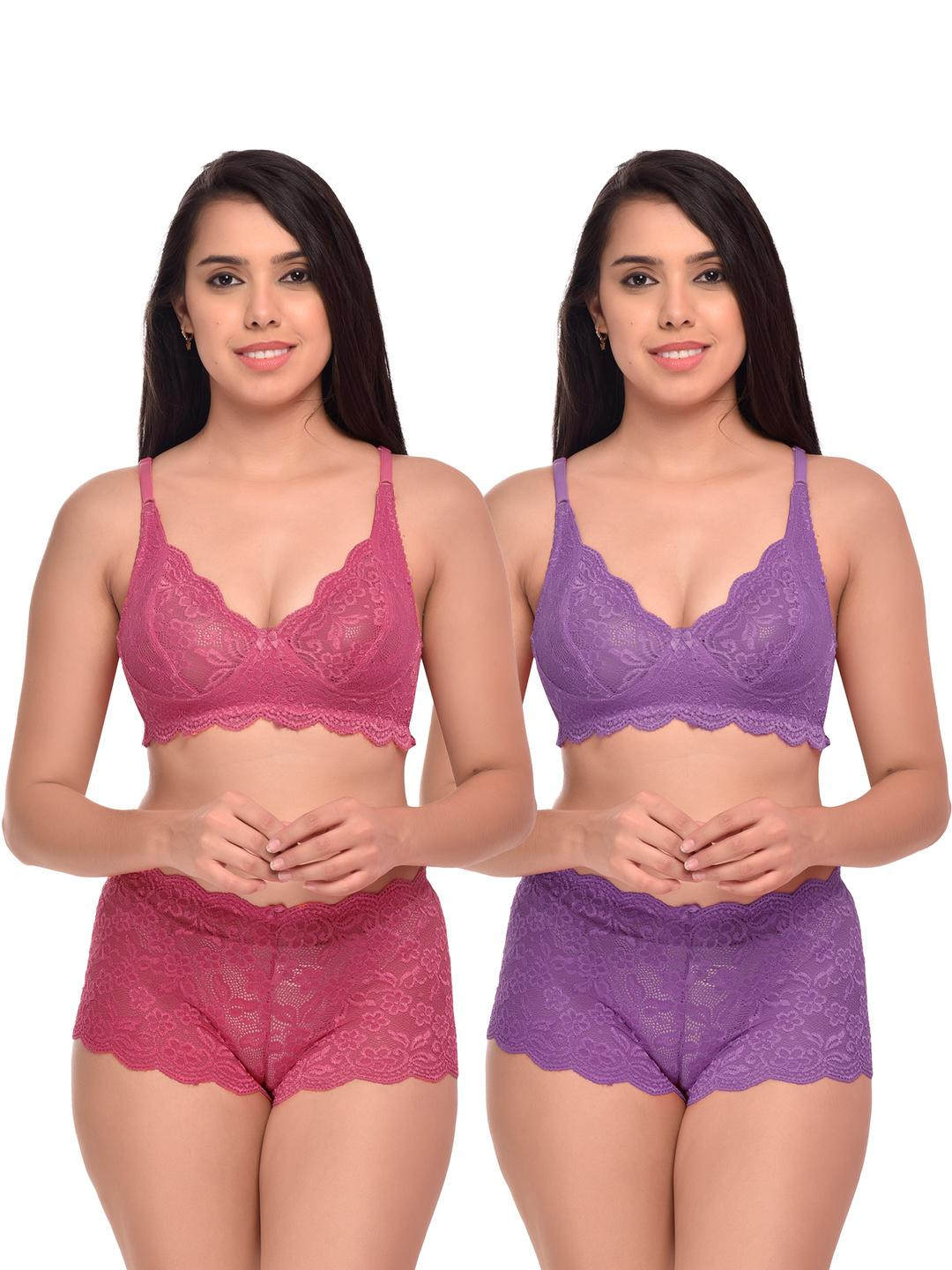 Women Pink,Purple Net Bra Panty Set for Lingerie Set Undergarments Pack of 2