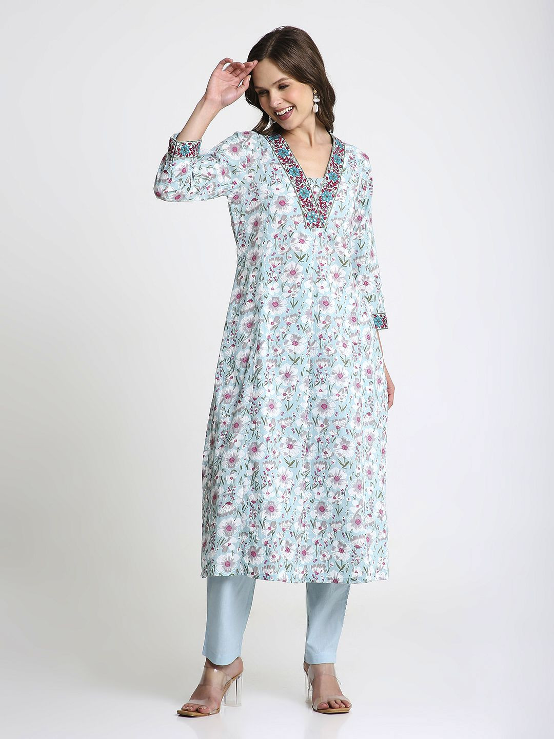 Saffron Threads Floral Printed Pure Cotton V-Neck A-Line Kurta