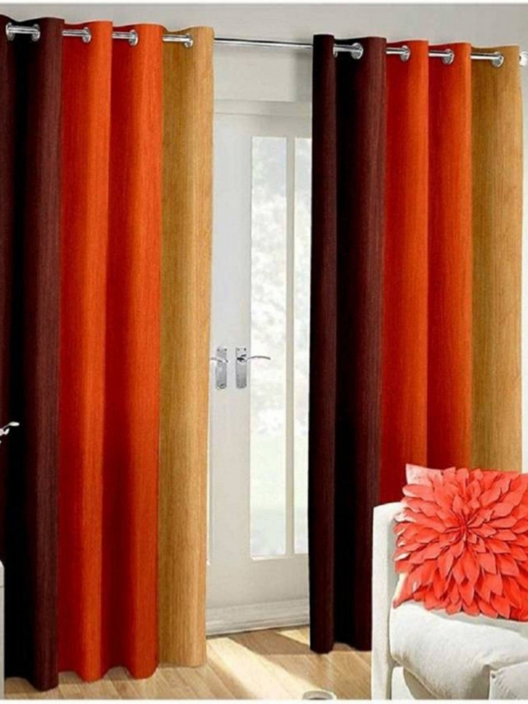 BELLA TRUE Orange 2 Pieces Striped Window Curtains