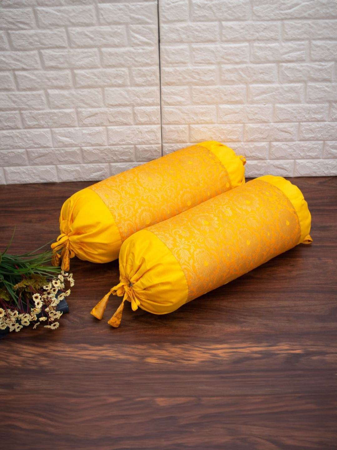 RoyalDeco Pack Of 2 Mughal Banarasi-Patterned Shrink-Resistant Cylindrical Bolster Covers