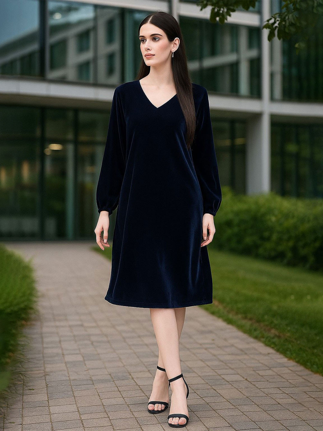 Moda Rapido Women Cuffed Sleeves Velvet A-Line Dress