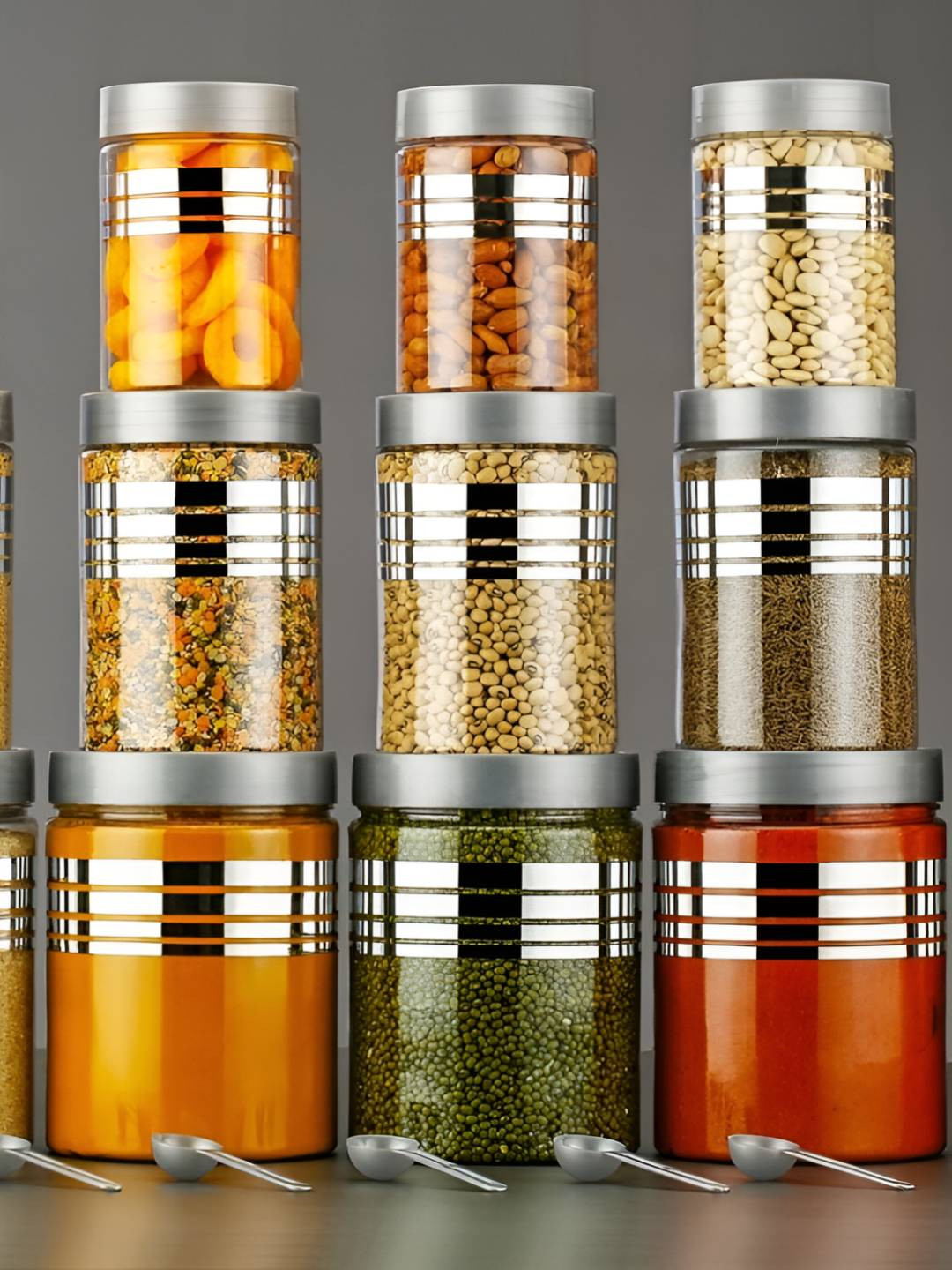 Dipzon villa Transparent & Grey 12 Pieces Striped Air Tight Jar Containers
