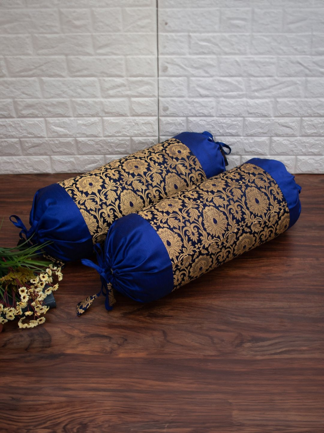 RoyalDeco 2Pc BlueMughal Banarasi-Patterned Shrink-Resistant Cylindrical Bolster Covers