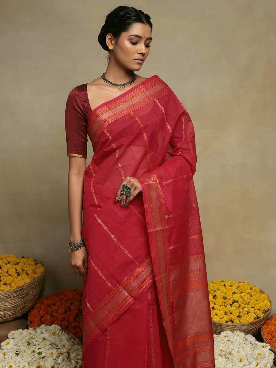 Sutra Art of Clothing Magenta Handloom Kanchi Pure Cotton Saree With Stripes