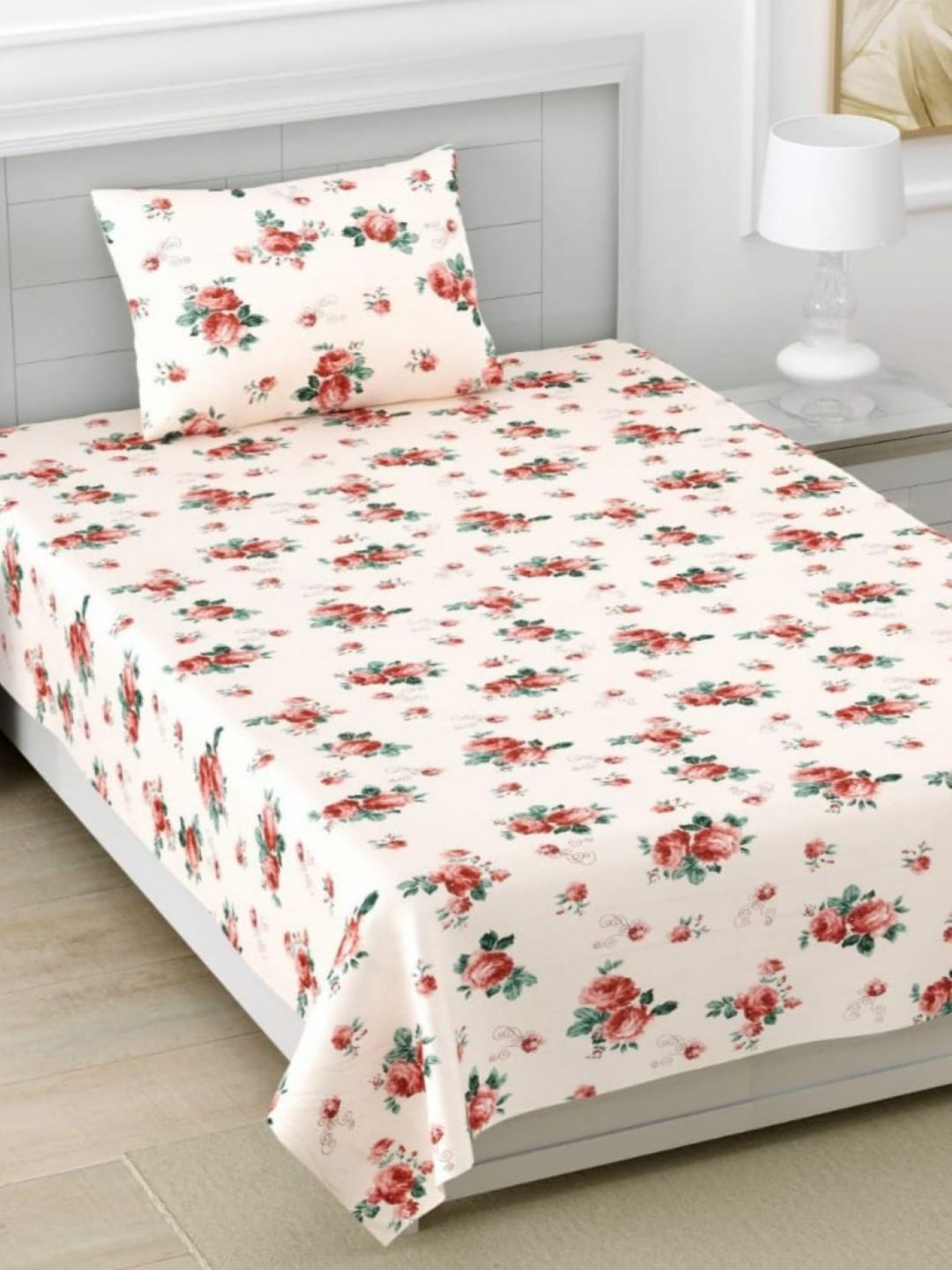 Bedbathandbliss Pink & White Floral 300 TC Cotton Single Bedsheet Set 1.52m x 2.28m