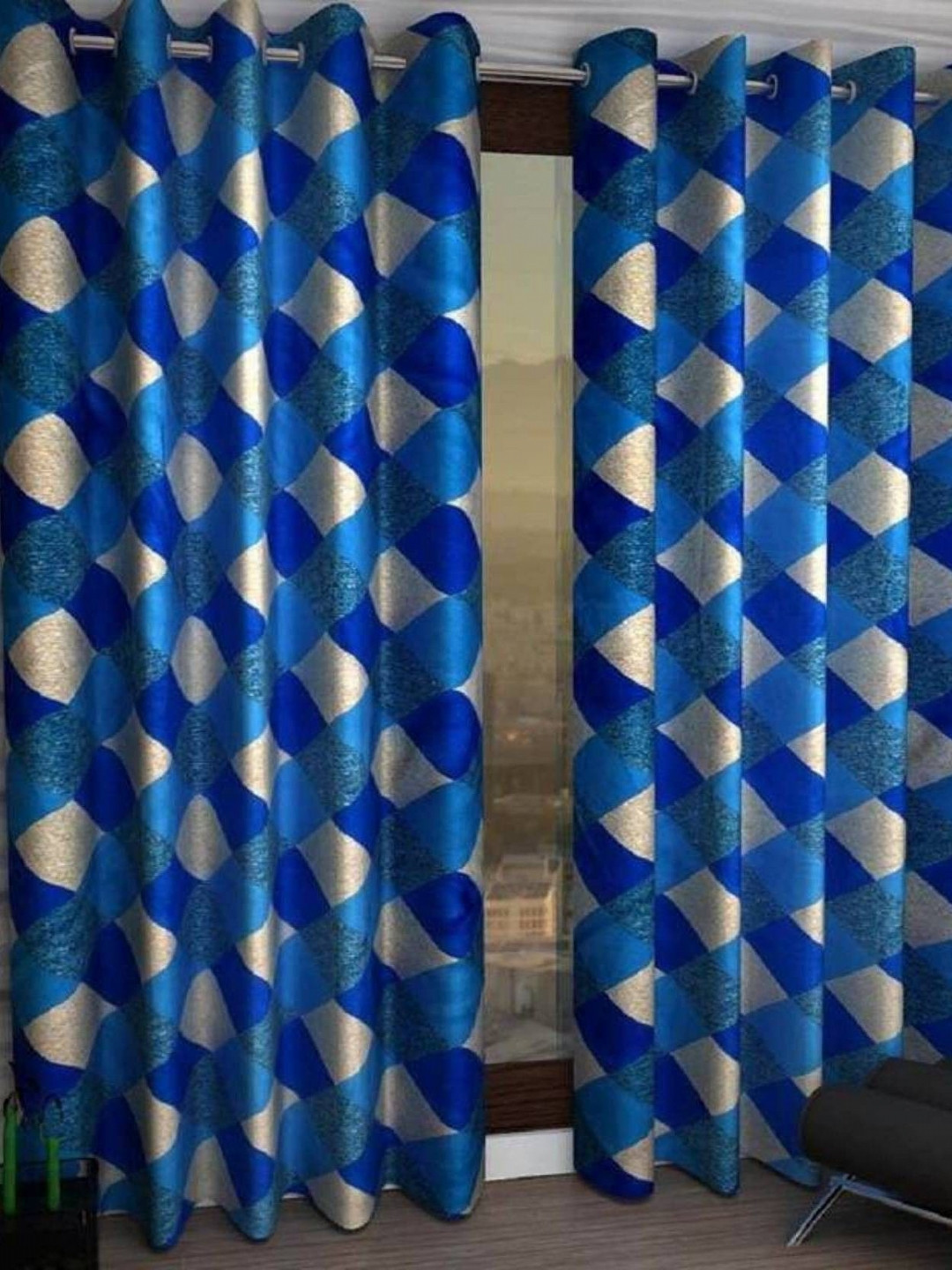 BELLA TRUE Blue & Cream 2 Pieces Geometric Window Curtains