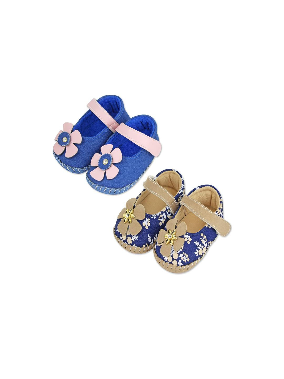 Neska Moda 6 To 12 Months Set Of 2 Pair Combo Baby Girls Belly Shoe Fancy Partywear Sandal Booties (Toe to Heel Length - 12 cm, Pink, Dark Blue, Brown)