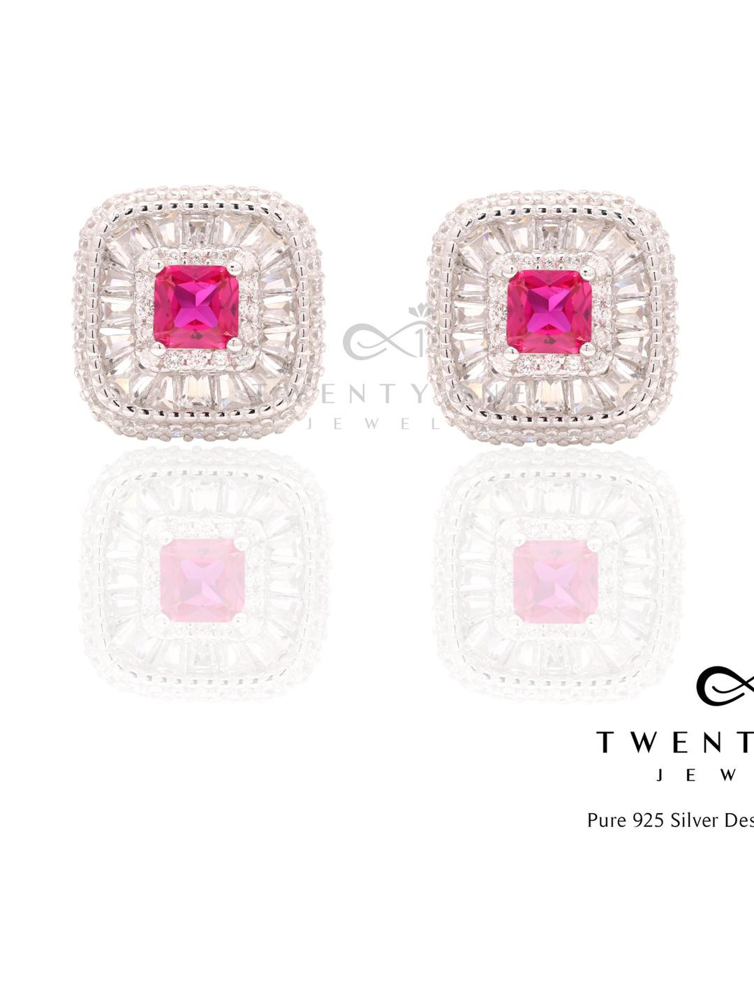 American Diamond Maharani Sehnat Ruby Studs on Pure 925 Silver