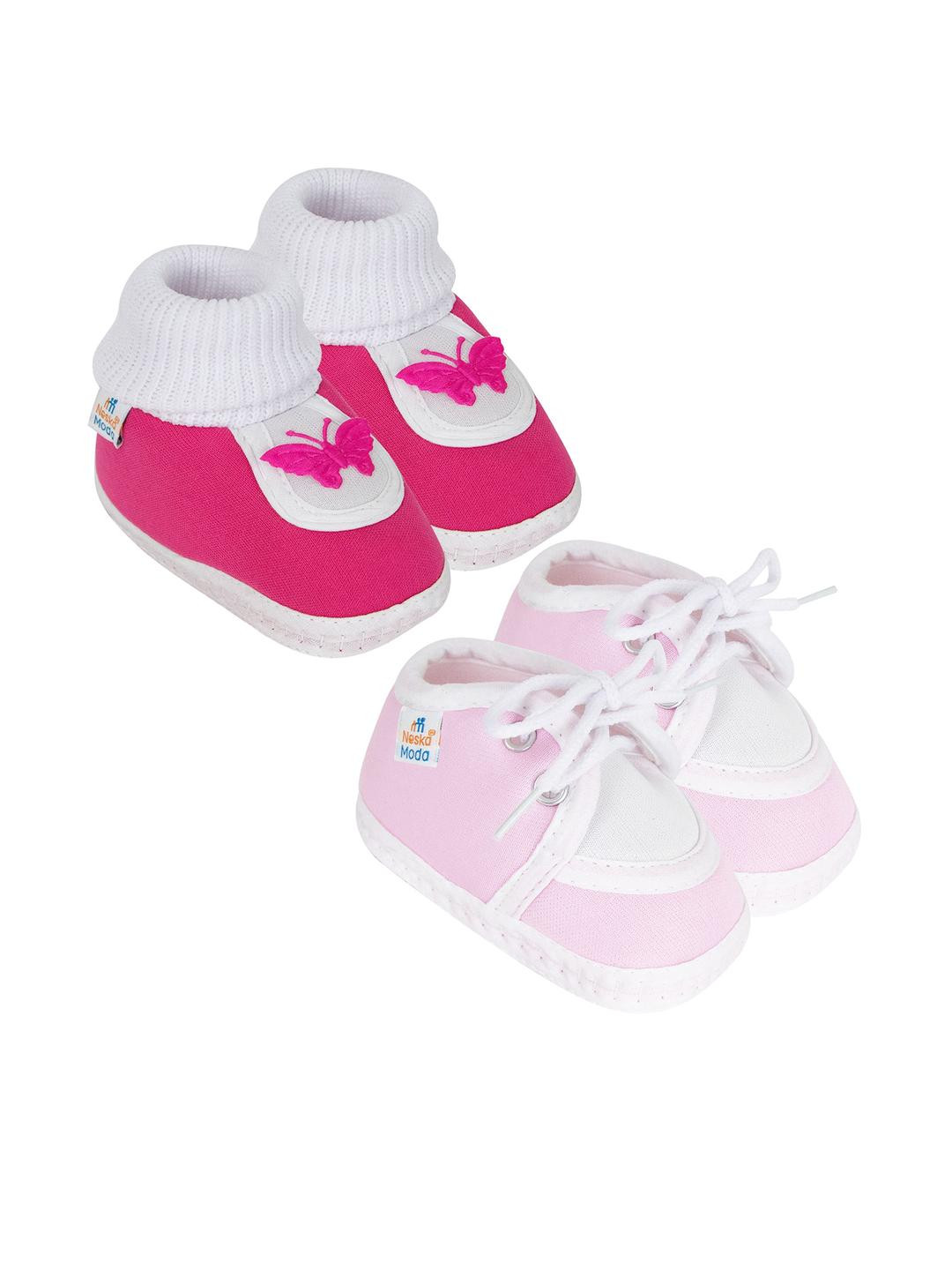 Neska Moda 0 To 6 Months 2 Pair Set Newborn Baby Unisex Skin-Friendly Cotton Lace Shoes Booties (Toe to Heel Length - 10 cm, Baby Pink, Rani)