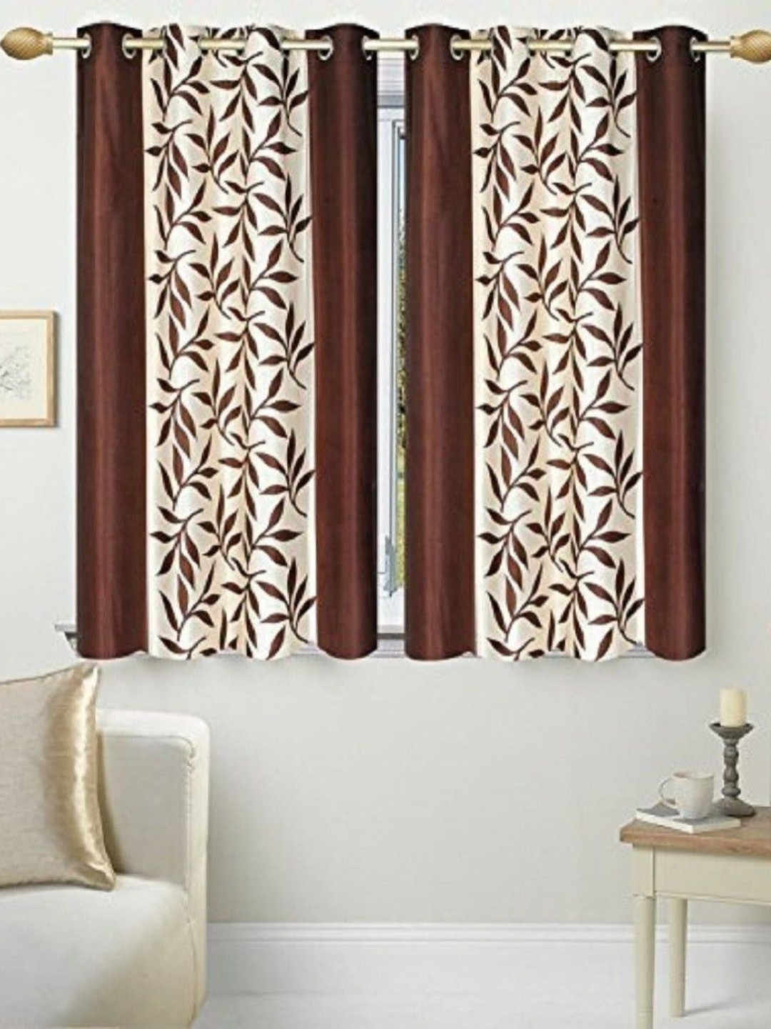 BELLA TRUE Brown & White 4 Pieces Floral Eyelet Fitted Window Curtains