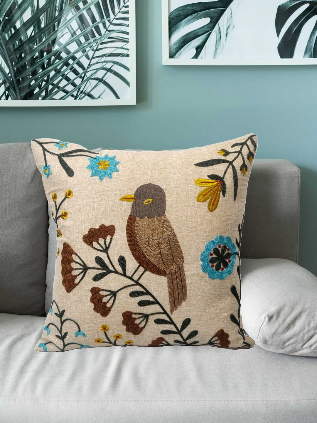 Vinayaka Fab Beige & Brown Embroidered Cotton Square Cushion Cover