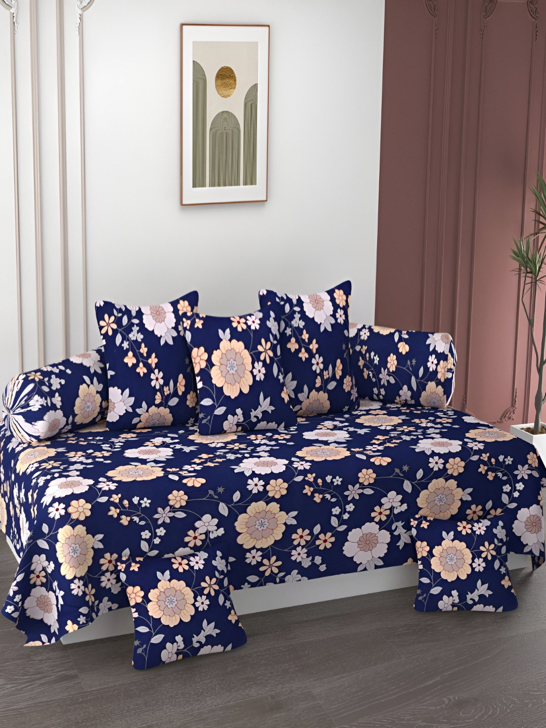 AMRANGE Blue & White 8 Pieces Floral Printed Bedsheet with Bolster and Cushion Covers