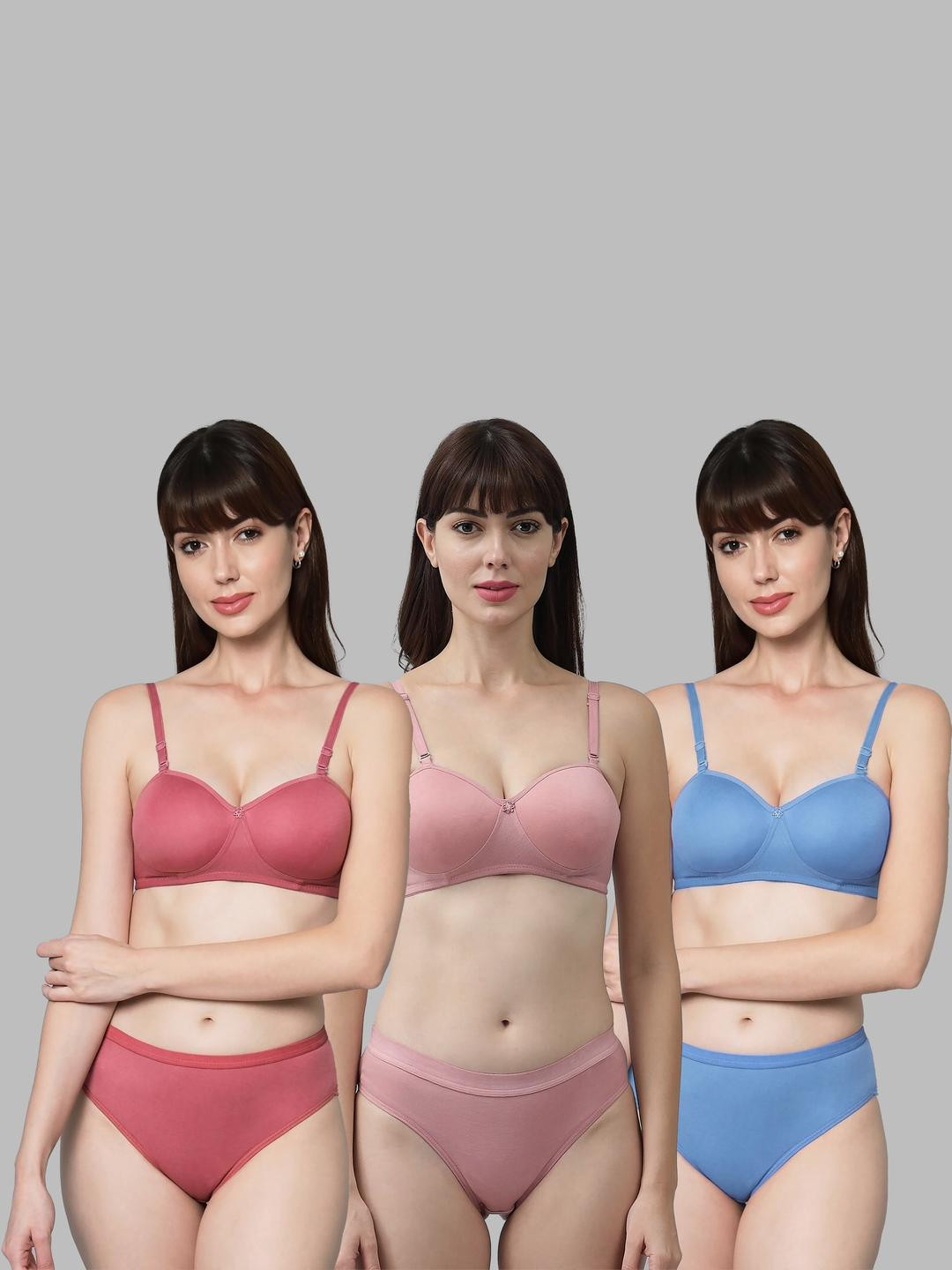 Women Red,Pink,Blue Cotton Bra Panty Set for Lingerie Set Undergarments Pack of 3