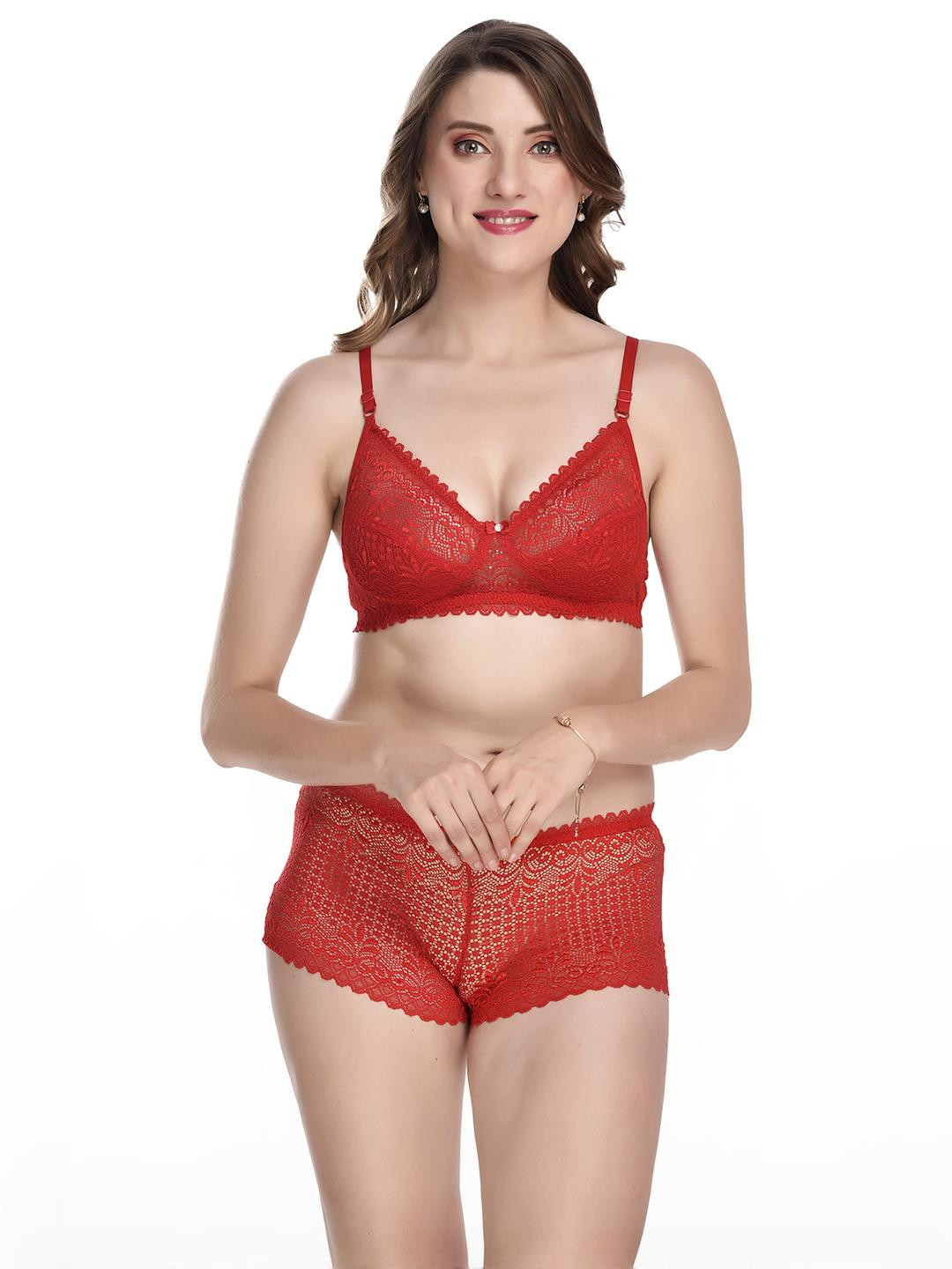 Women Red Net Bra Panty Set for Lingerie Set Undergarments Pack of 1