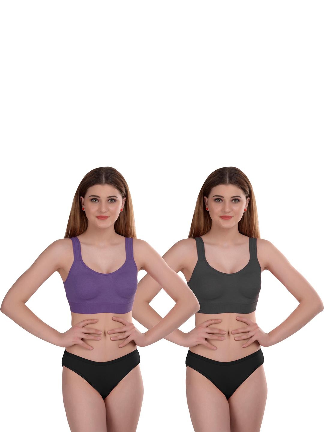 Women Purple,Black Cotton Bra Panty Set for Lingerie Set Undergarments Pack of 2