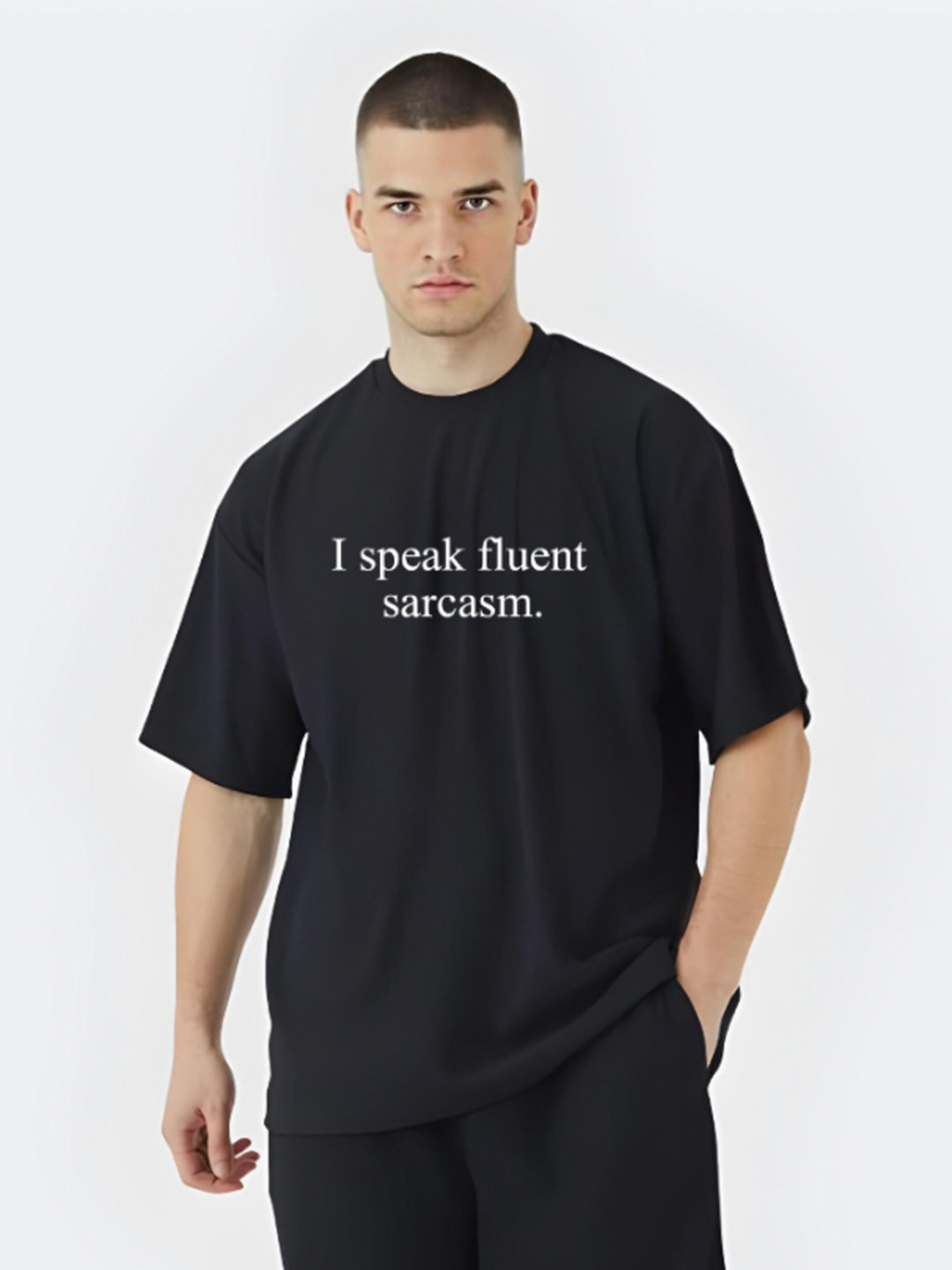 Stitchmeashirt Men Fluent Sarcams Printed Drop-Shoulder Sleeves Oversized T-shirt