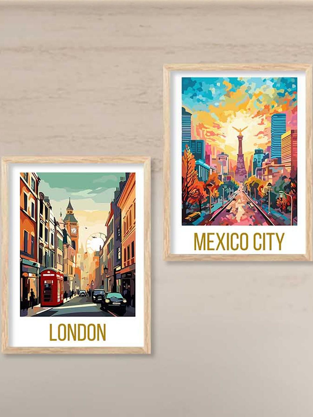 WALLLANE Brown & Orange 3 Piece Wood Wall Paintings