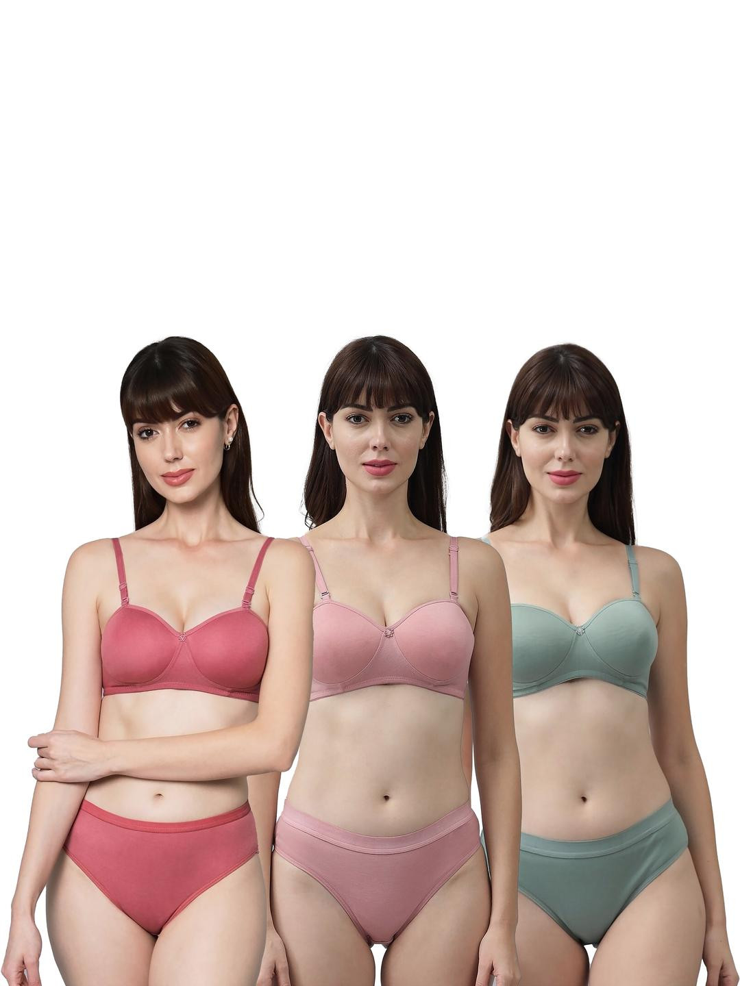 Women Red,Pink,Green Cotton Bra Panty Set for Lingerie Set Undergarments Pack of 3