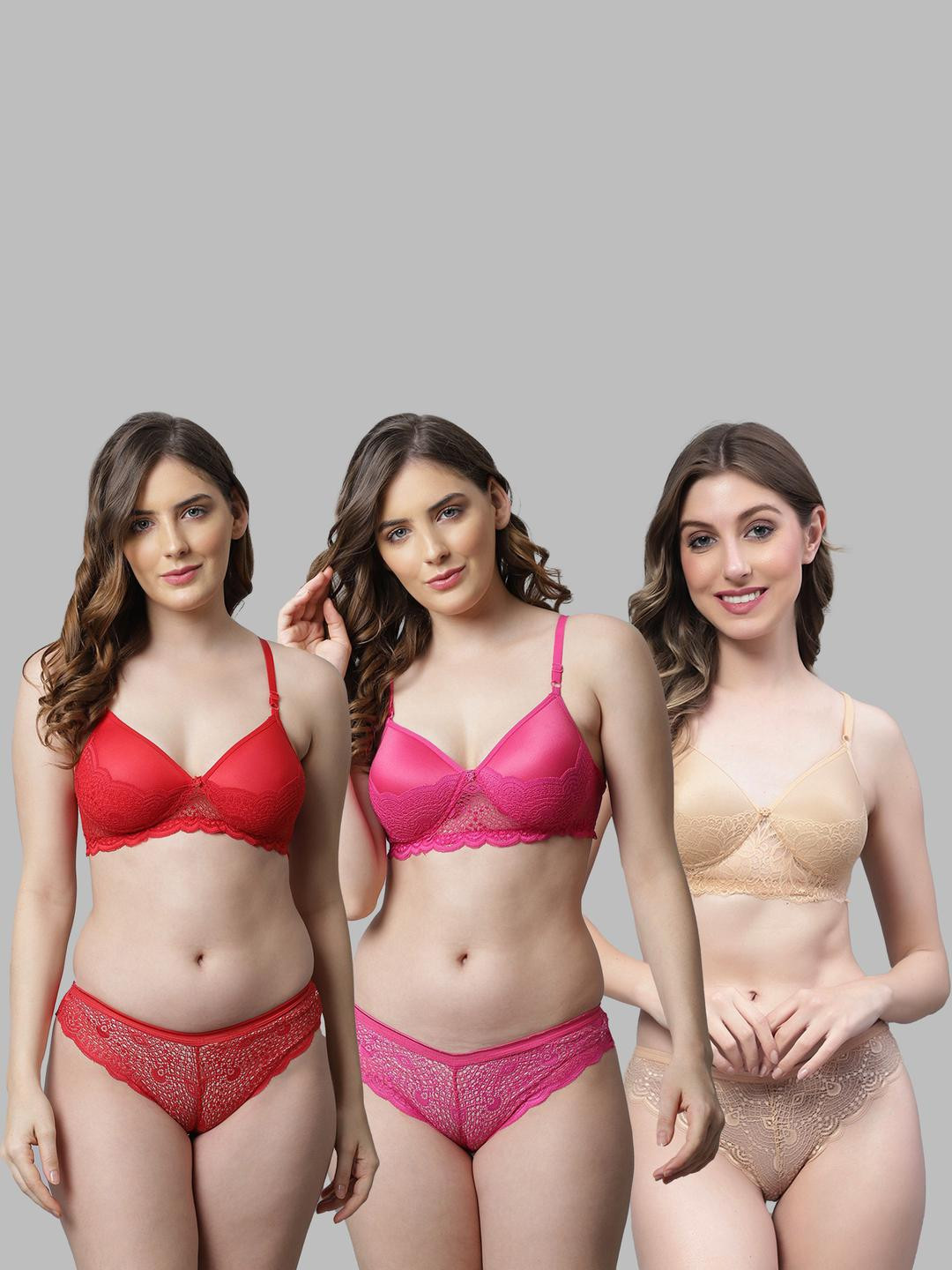 Women Red,Pink,Gold Cotton Bra Panty Set for Lingerie Set Undergarments Pack of 3