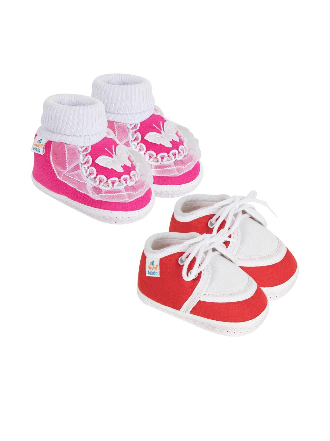 Neska Moda 3 To 12 Month 2 Pair Newborn Unisex Baby Skin Friendly Soft Cotton Lace Shoe Booties (Toe to Heel Length - 12 cm, Red, Rani)