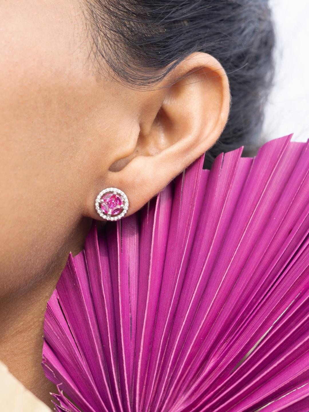 Ruby Marquise and Round Cut Diamond Cluster Harriette Studs on 925 Silver.