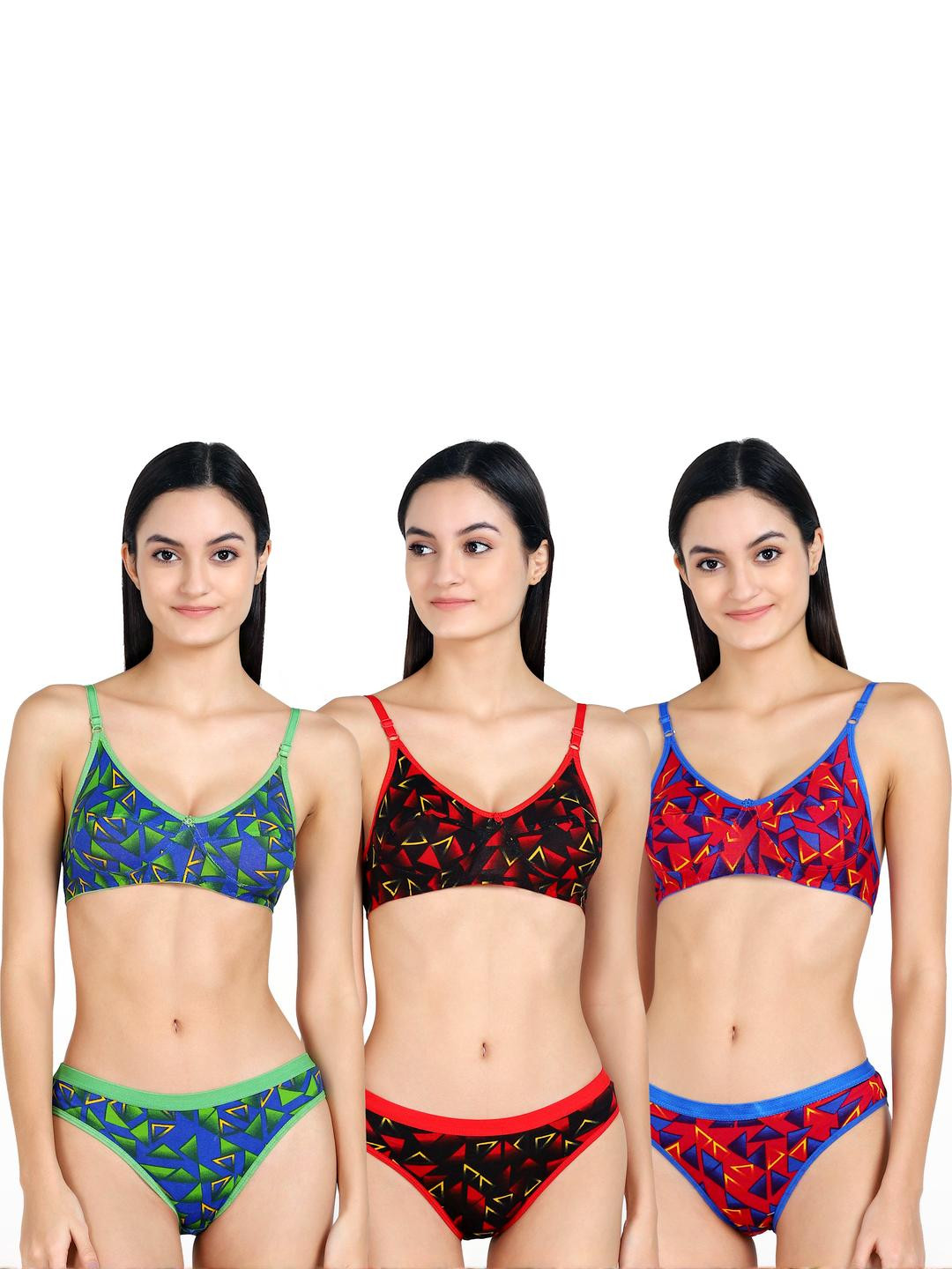 Women Red,Black,Green Cotton Bra Panty Set for Lingerie Set Undergarments Pack of 3