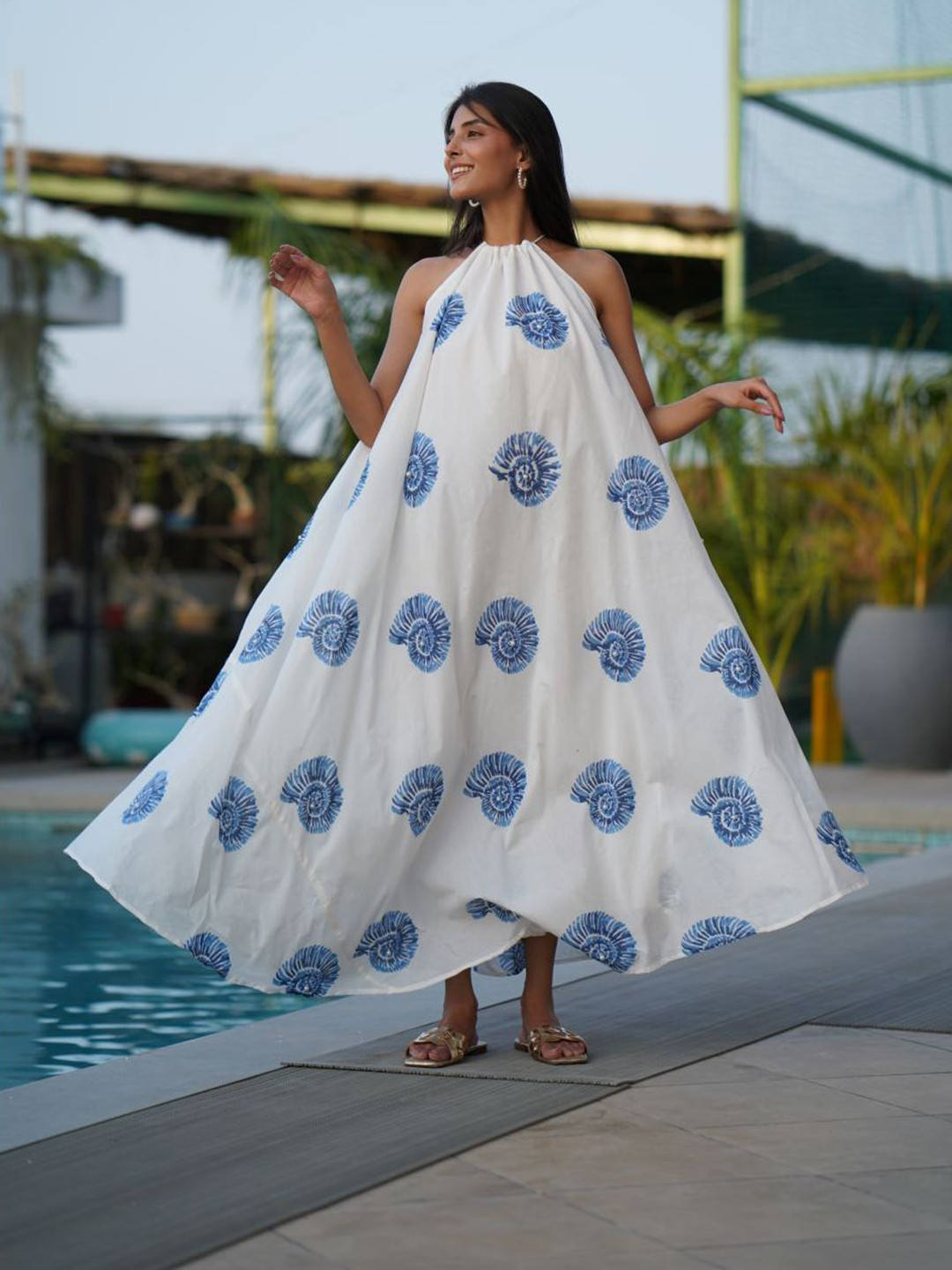 The Quince Life Women Sea Swirl Printed Halter Neck Cotton One Size Maxi Dress