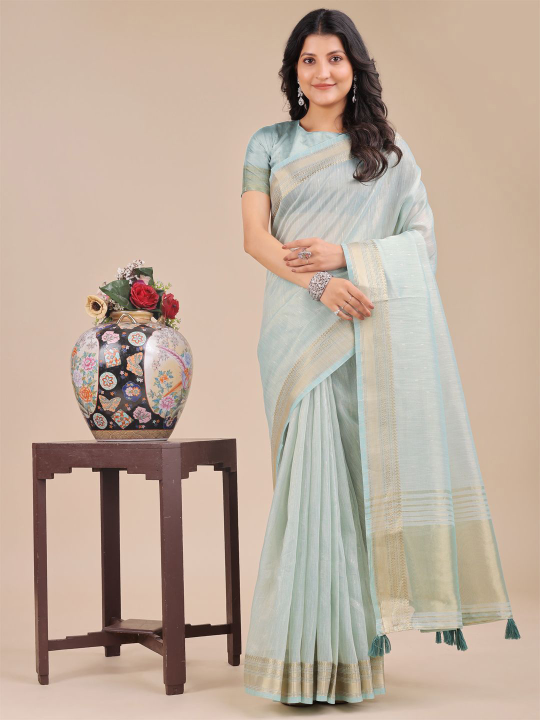 ALAGINI Woven Design Border Organza Saree