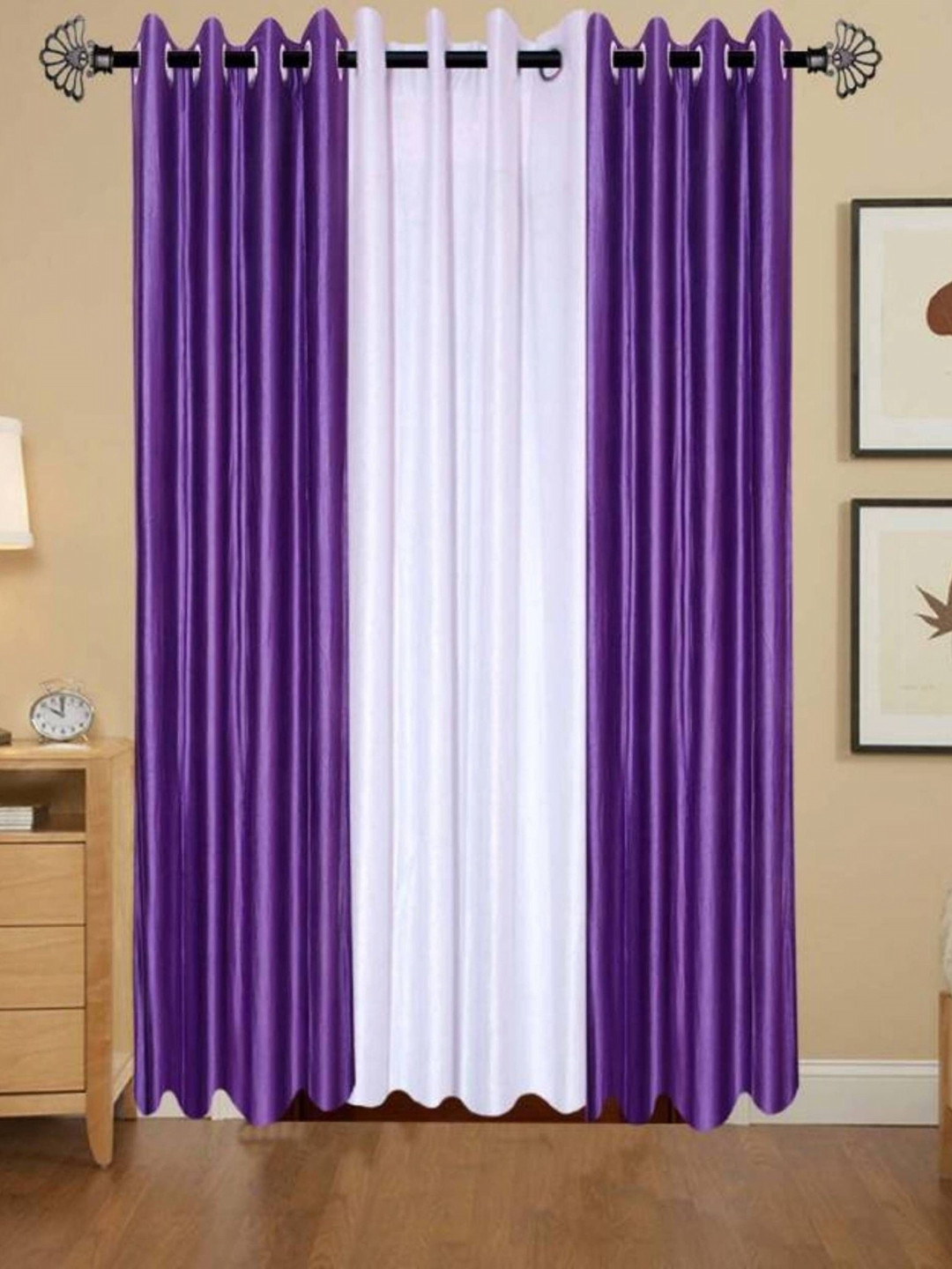 BELLA TRUE Purple & White 3 Pieces Ripple Fold Door Curtains