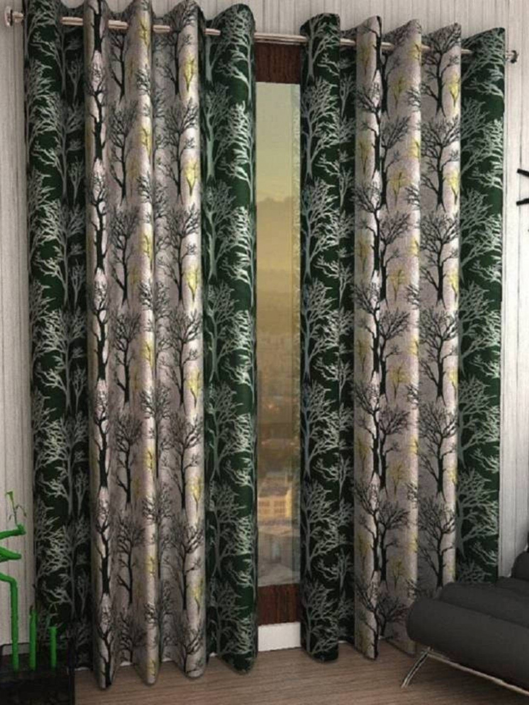 BELLA TRUE Green & Cream Set of 2 Pieces Floral printed Black Out Long Door Curtains